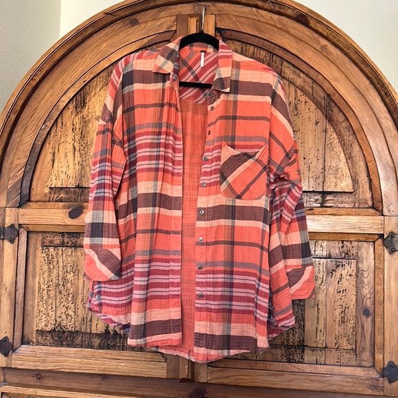 Free People Tops - Free People Orange Fall Cotton Plaid Button Down Shirt